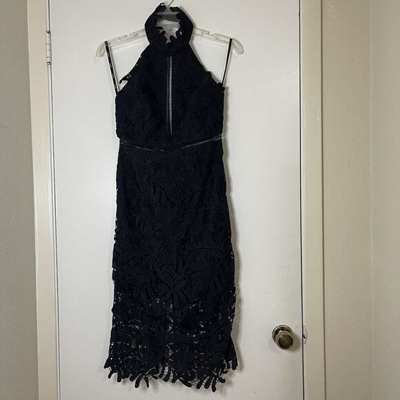 Bardot Lace overlay Halter black cocktail Midi sleeveless Dress size Small US 6 - Picture 2 of 8